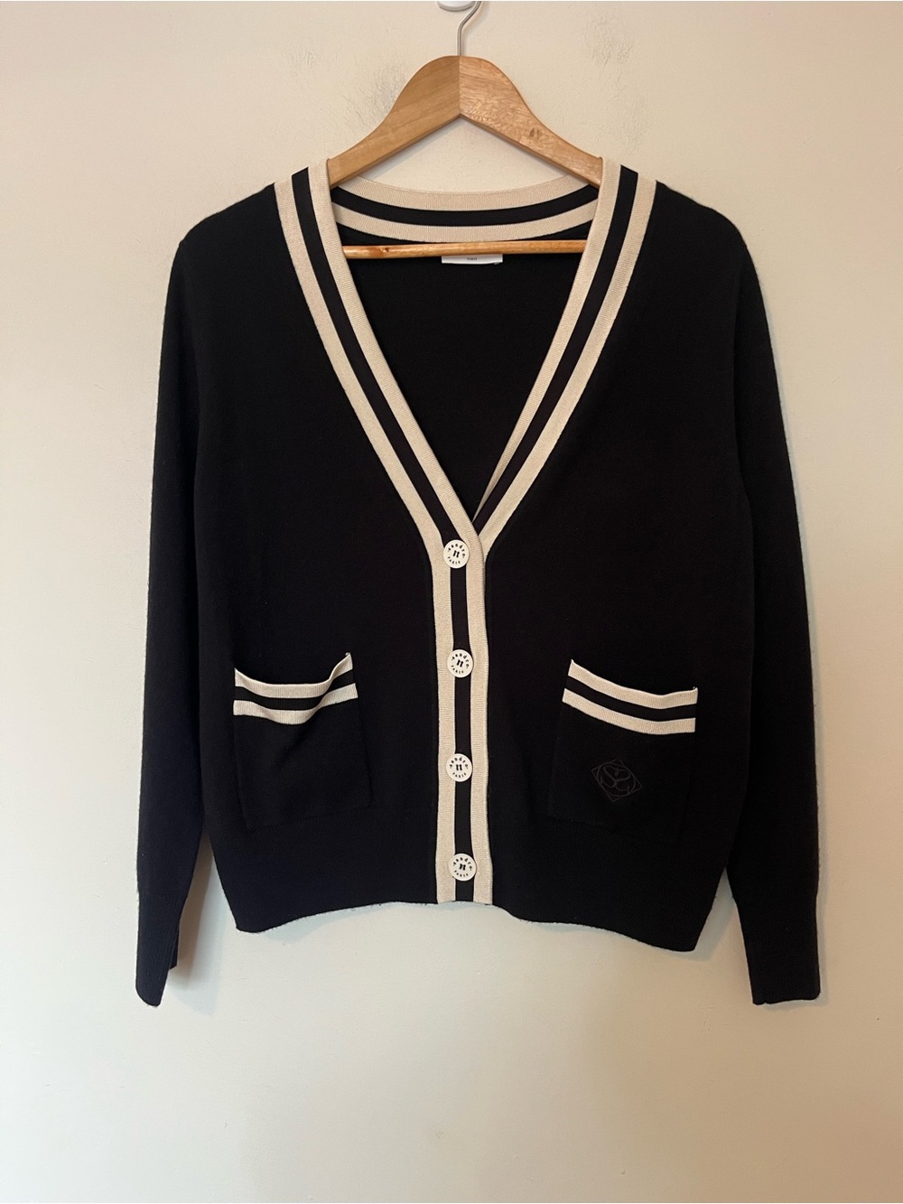 Sandro Paris Black & Cream Wool Cashmere Varsity Cardigan Size 1 Small - Picture 3 of 13